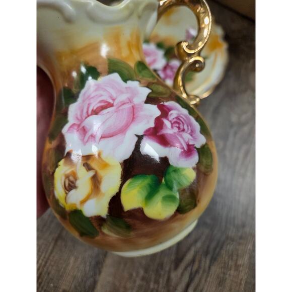 Vintage Enesco Japan Miniature Pitcher With Under Plate Painted Rose Gold Trim - Picture 3 of 10